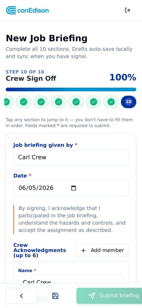 Crew member starting a new job briefing in MyJSA