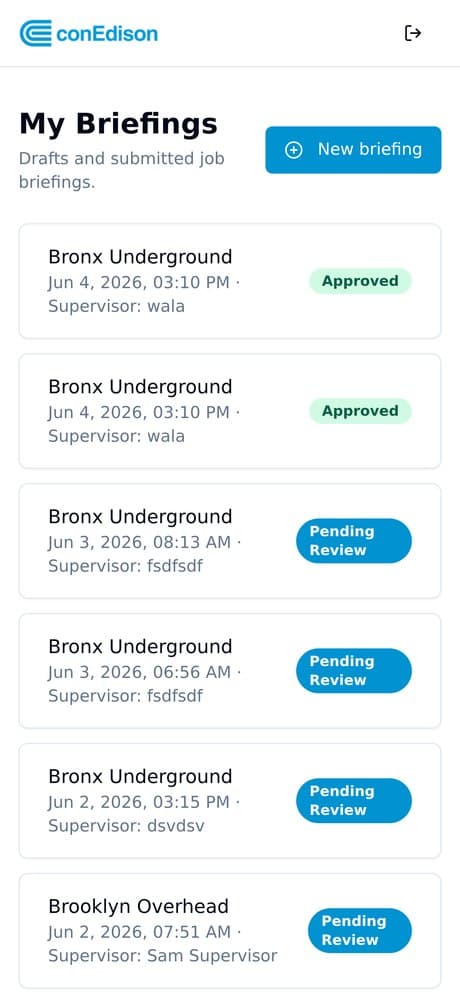 MyJSA briefings dashboard showing live job safety assessment status