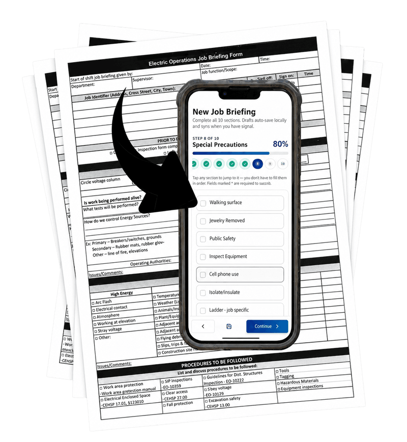 A paper Electric Operations Job Briefing form transformed into the MyJSA mobile app on a phone